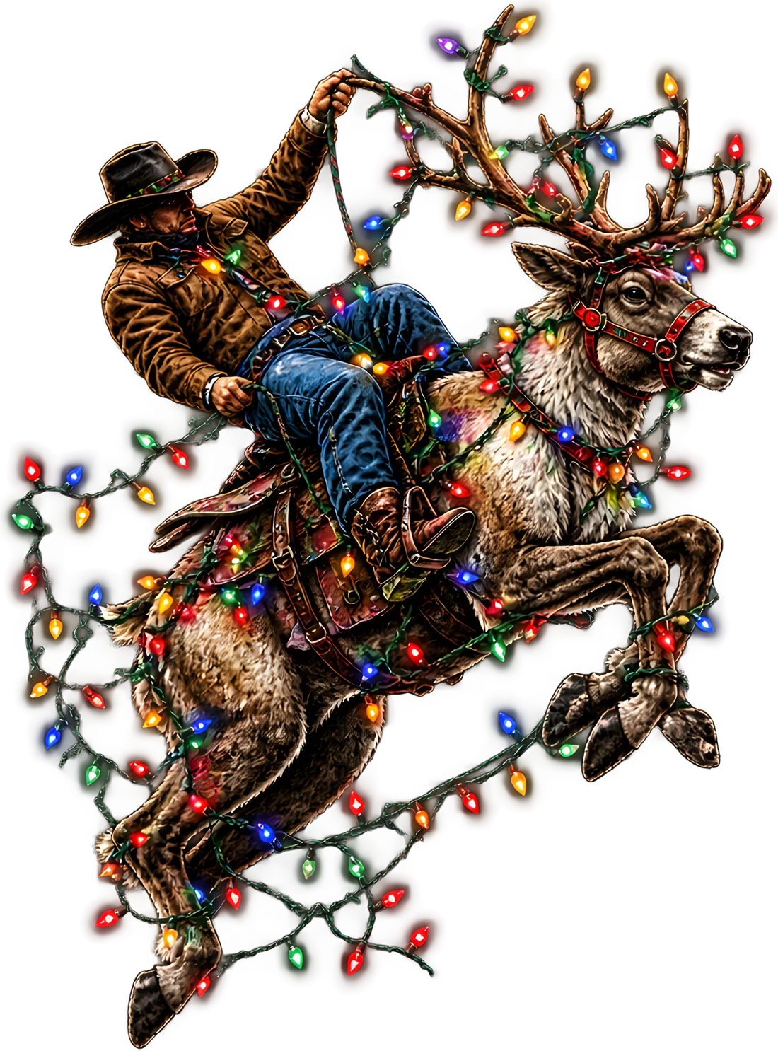A cowboy in a brown jacket riding a leaping reindeer wrapped in tangled multicolor Christmas lights